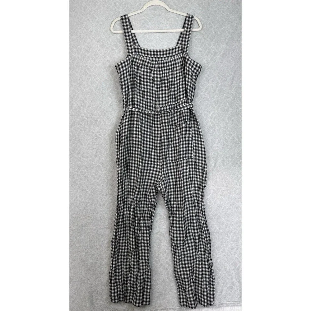 Quince 100% European Linen Square Neck Jumpsuit Large Khaki Black Gingham Preppy
